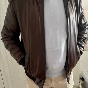 Genuine leather bomber man’s  jacket, dark chocolate brown color. Bomber